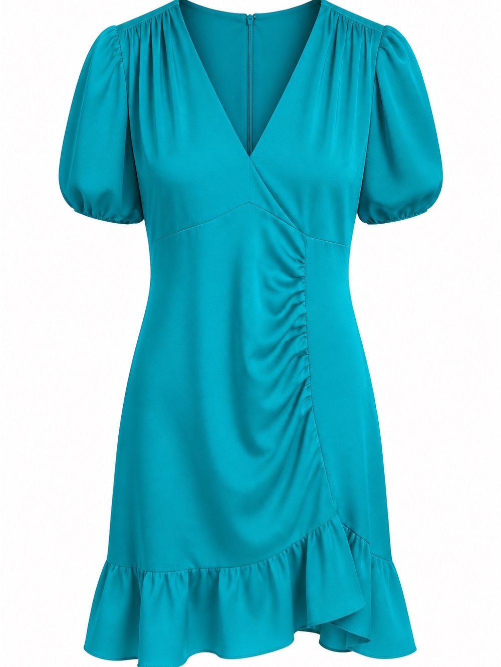 DKNY Teal Blue V-Neck Ruffle Mini Dress